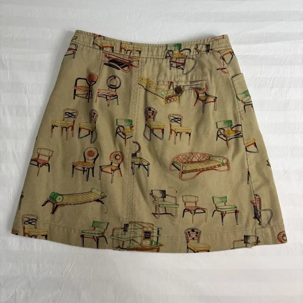Anthropologie 9-H15 Stcl Wrap Skirt Size 4 Chair Print Cotton Novelty EUC